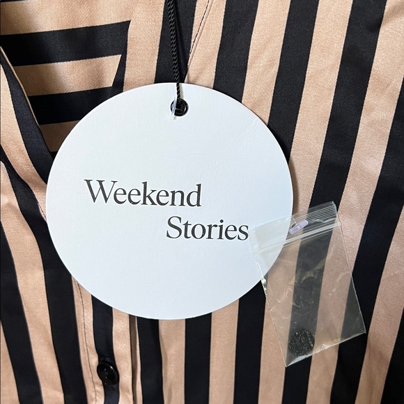 NWT weekend stories black and tan striped satin shirt dress - Picture 3 of 8
